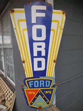 Large Rare Ford Dealer Heavy Porcelain Metal Gas Oil Sign