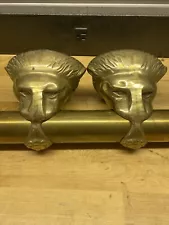 2 Brass Lion Head Holders With Hand Railing - Bar Rail - Foot Rail Vintage