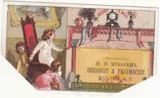 M M Williams Druggist Fulton NY Stockings Fireplace Christmas Vict Card c1880s