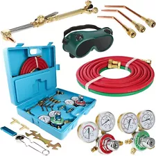 Oxygen Acetylene Gas Cutting Torch Regulator Welding Kit w/15' Hose Glasses Case