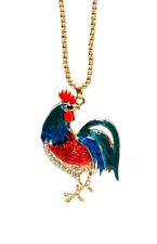 Rooster Chicken Multicolor Enamel Crystal Rhinestones Pendant Necklace Gold Tone