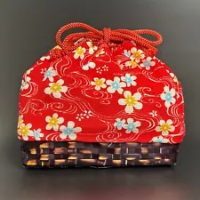 Bamboo Basket Drawstring Kinchaku Japanese Flower Pattern for Japanese Clothing