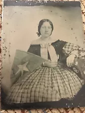 Civil War Era Tin Type Photograph Beautiful Young Girl Mourning Bonnie Flag Wow