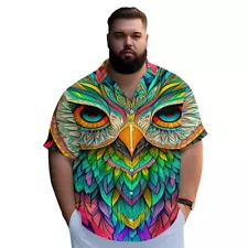 2024!New!HOT SALE!Plus Size Men's Tops,Owl Print Hawaiian Button Down Polo Shirt