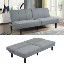 Convertible Studio Futon, Gray Linen Upholstery, Foldable Sofa Bed Lounger NEW