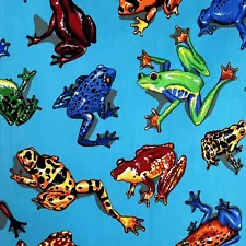 Vtg Cranston Tropical Rainforest Frogs on Turquoise Cotton Fabric BTY 2 for sale