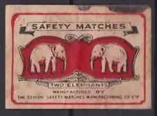 Old matchbox label Ceylon, Two Elephants 4.5x3.1cm