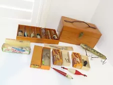 Vintage Wooden Fishing Tackle Box w/Lures 8 1/2" Folk Art/Bombers/Creek Chub