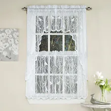Knit Lace Bird Motif Kitchen Window Curtain Tiers, Swags or Valance White