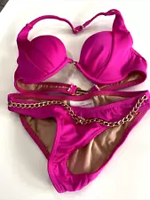 Kandice Pelletier SwimWEAR Bikini HALTER PAGEANT PINK GOLD CHAIN CRYSTALS SZ XS