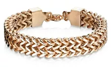 Rose Gold Men Cuban Link Bracelet Double Row Stainless Steel Link Biker Bracelet