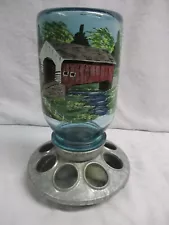 Vintage Chicken Feeder - Blue Decorated Ball Canning Jar, Galvanized Steel Base