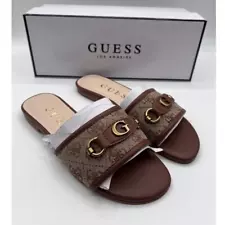 GUESS Womens Hammi One Band Logo and Hardware Flat Sandals 'Cognac' Size 5M