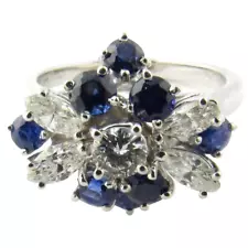 Platinum Natural Sapphire and Diamond Cluster Ring Size 6 #2473