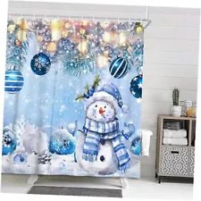 Christmas Winter Snowman Ball Shower Curtain Snowflake Pine Tree 72X72in Blue