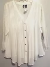 New Directions Woman sheer blouse tucks button up long lace sleeves Plus 2X NEW