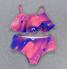 Geometric Shapes Womens Bathing Suit Medium Pink Purple Swim Ruffle Bikini