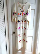 Vintage long Folk Art Mexican dress-Embroidered with colorful birds-handcrafted