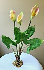 XL 16” Creamy Yellow & Pink CALLA LILY soft flower aquarium plant, stone base