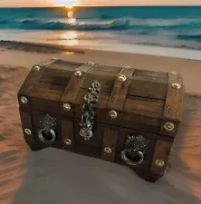 Vintage Large Pirate Treasure Chest Wooden Jewelry Box Green Velvet Inside