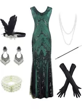 Women 1920S Gatsby Sequin Mermaid Formal Evening Dress with 20s Accessories Sm.