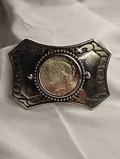 Belt Buckle Silver Accent With Insert For A Silver Dollar. Coin is a Replica