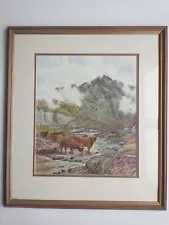 Original coloured pencil drawing of Highland cattle in a mountainous landscape