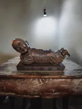 Baby Buddha Lying Down Statue in Resin 13x8x6" Antique Bronze Beautiful Details