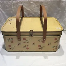 Vintage Flowered Metal Tin Picnic Basket and Wood Handles - Made in USA