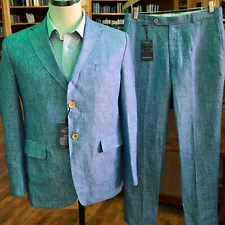 New Bespoke Linen Suit 40R 32x31 Blue By Studio Suits Flat Front