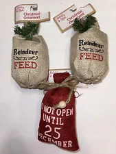 3 REINDEER FEED SACK Do Not Open 25th CHRISTMAS ORNAMENT Farmhouse Rustic Burlap