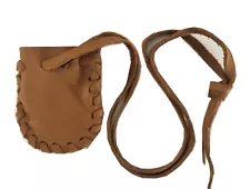 Native American Leather Drawstring Medicine Neck Pouch/Bag-Tan- 2 3/4" x 2 1/4"