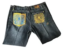 COOGI jeans mens 38x34 fit Parrot embellished pockets Blue Zip fly Dark- FRAYING