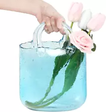 Unique Purse Vase for Flowers,Blue Handmade Thicken Bubbled Glass Bag Vases with