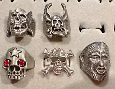 5 Skull, Werewolf, Monster Rings; Some Rhinestone Accents; Silver Metals; Unisex