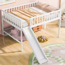 Full Low Loft Bed with Ladder and Slide,White 13AAK