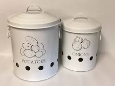 Lg Nesting Metal Potato & Onion Bins Handles Lids 11 X 8 9.5 X 6.5