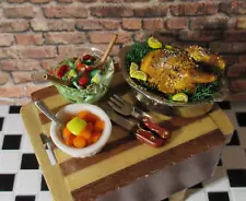 NEW DOLLHOUSE CHARMING ROAST CHICKEN, CARROTS, SALAD, ON BUTCHER BLOCK TABLE