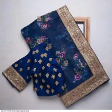 Hot Blue Organza Sari Sequins Work Saree Indian Woman valentine Gift Dress Sale