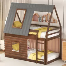 Twin Over Twin Bunk Bed with Windows Roof Wood Frame Kids Chid House Gifts