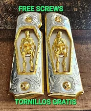 Skeleton Calavera Cachas 1911 full size premium Custom gun Grips 24k gold plated