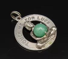 925 Sterling Silver - Vintage Touch Me For Luck Jade Medal Pendant - PT21758