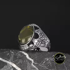 Green Peridot Stone,Handcrafted,Engraving,Art&Fine Jewelry,925 Silver Men's Ring