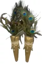 Handmade Peacock Feather Bouquet Cone Pair 24"Gold/Multicolor Tassels Jewels