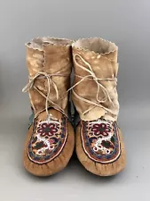 Antique Vintage Native American Beaded Moccasins High Top Moccs Leather Lace-Up