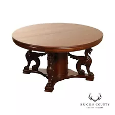 Antique Victorian Oak Winged Griffin Round Expandable Pedestal Dining Table