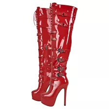 Women's Platform High Heel Buckle Boots Zip Knee High Thigh Boots Stilettos US10