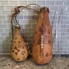 2 x Vintage African Gourds Milk Drinking Pokot Tribe Kenya Hand Crafted Gourds