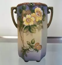 Old Nippon Hand Painted Porcelain Two Handle Vase Green Mark 5.75"