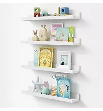 Wall Floating Shelves, 23 Inch Book Shelf Picture Ledge Set of 4, Rustic White